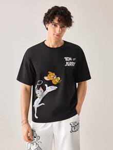 Strevion TOM & JERRY 男士休闲百搭汤姆和杰瑞元素印花短袖T恤 - 黑色 - 查看 4