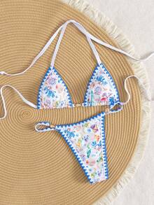 Swim Mod Bộ 2 chiếc/bộ đồ bơi bikini móc hoa vỏ sò sâu chữ V dễ thương bằng vải micropattern Marine không dây buộc dây, kỳ nghỉ bãi biển cho mùa xuân và mùa hè - Xanh và trắng - Xem 4