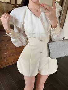 DAZY Spring Summer Elegant Ruffle Lantern Sleeve Design Unique Minimalist Women's Romper - Apricot - View 4