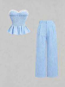 Sweetra Women's Lace Patchwork Blue And White Stripe Bandeau Top And Straight Leg Pants Two Pieces Set Vacation Summer Elegant - Blue - View 2