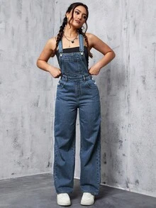 SHEIN EZwear 女式字母贴袋设计休闲阔腿牛仔连体裤 - 霧霾藍 - 查看 8