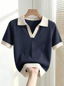 Franclia Women's Spring/Summer Colorblock Simple Casual Polo Collar Short Sleeve Slim Fit Knit Top, Suitable For Daily Wear, Vacation, Spring, Elegant Women's Casual Versatile Turn-Down Collar Short Sleeve Knit Top, Summer - Royal Blue - View 4