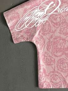 Manfinity ZONE917 Men Boxy Cropped Casual Fashion Distressed Pink Rose Pattern Script English Text Pink Short Print Batwing Sleeve T-Shirt (High Quality), Holiday - Multicolor - View 4