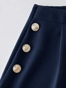 SHEIN Franclia Elegant French Style Woven, Solid White, Single Pocket, Single Button Design, Gentle And Refined, Easy To Match, Suitable For Commuting, Work, School, Workplace, Graceful And Refreshing, Feminine, Suitable For Formal And Casual Occasions, Classic Versatile Color, New Summer Women Pants - Navy Blue - View 4