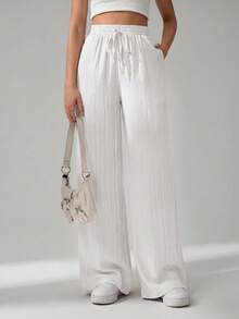 SHEIN Tall CURVE Plus Size Solid Color Elastic Waist Drawstring Tie Loose Pants Fall - White - View 5