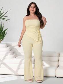 Solflare Pale Yellow Casual Plus Size Women 2 Pieces Set: Bandeau Top And Pants - Pale Yellow - View 3