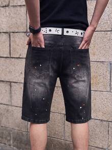 Manfinity LEGND Men's Letter Embroidery Contrast Color Ripped Slant Pocket Casual Streetwear Denim Shorts Holiday Dark Grey Summer - Black - View 2