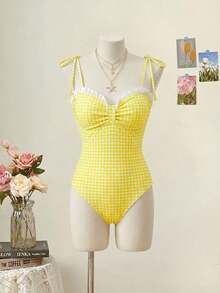 SHEIN MOD 女款度假海灘格紋細肩帶連身泳衣 - 黃色 - 查看 2