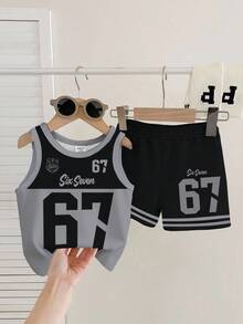 Set Pakaian Bayi Laki-laki Kasual Sederhana Lembut Nyaman Cocok untuk Musim Semi dan Musim Panas, Motif Olahraga Klasik, Motif Teks 6, 7, Enam, Tujuh, Cocok untuk Olahraga - MultiWarna - View 3