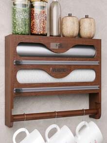 1 Roll Bamboo Cling Film Dispenser With Aluminum Foil Dispenser And Paper Towel Holder Space Saving Kitchen Wrap Organizer Rack For Kitchen Counter Drawer Back To School Season Durable Rust Proof Easy Cut Slider - Multicolor - View 19