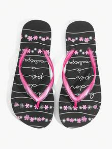 Grefit Ladies Flip-Flops, Summer Printing Contrasting Flip-Flops, Round Toe Flat Bottom, Casual Vacation Style, Sandals On The Beach - Black and pink contrasting colors - View 3