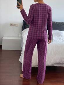 Dambomull 2 st. rutig mönster långärmad skjorta och blommönster sömnbyxor hemkläder komfort pyjamas set för damer - Blåröd - Visa 2