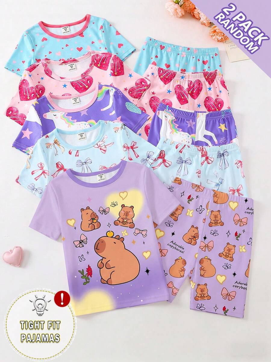 [2 Sets Random] 2-Piece Girls Toddler Sweet Y2K Cartoon Animal Heart Pattern Short Sleeve & Shorts Snug Fit Pajamas Soft Knit Kids Homewear Summer - Multicolor - View 1