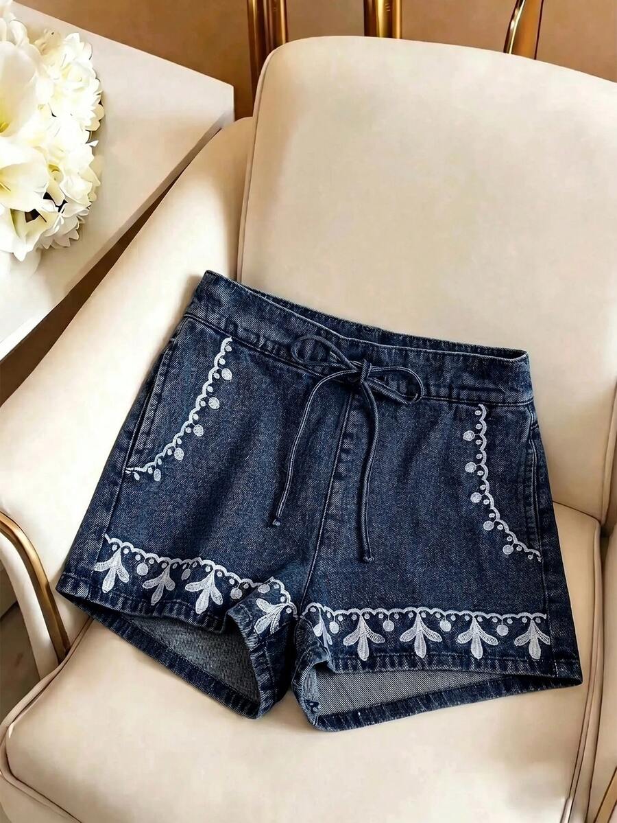Qadelle Women's Botanical Embroidery Tie-Waist Pocket Denim Shorts - Blue - View 1