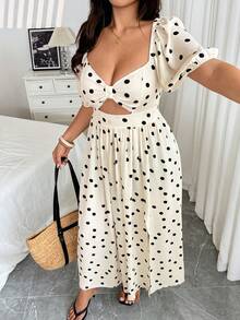 Vionelle Plus Size Vintage Polka Dot Puff Sleeve Hollow Out Split Dress - Apricot - View 3