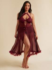 SHEIN BAE CURVE 加大码性感露背网眼睡袍，圆领，细肩带 - 紫紅色 - 查看 3