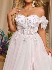 Glamrae Luxury Plus Size Elegant Gorgeous White Sequin Embroidered 3D Floral Off-Shoulder Hanging Sleeve Applique Ruched A-Line Patchwork Triangle Mesh For - White - View 8