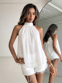Aloruh Women's Elegant Shiny Pink Backless Top - White - View 4