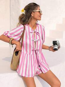 Women's Striped Textured Fabric Shirt With Front Knot And Loose-Fitting Shorts Set, Perfect For Beach Vacations, Spring/Summer - Rosa - View 7