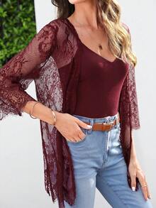 SHEIN VCAY 女款度假蕾絲 3/4 袖寬鬆和服式罩衫 - 紅色 - 查看 6