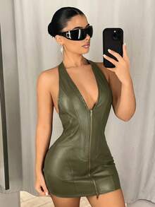 SHEIN ICON 深V掛脖雙拉鍊貼身緊身PU迷你洋裝 - 軍綠色 - 查看 3