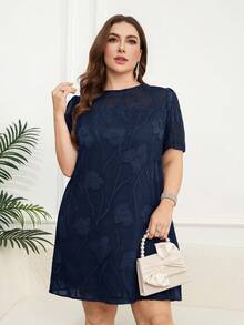 Reflora Plus Size Women's Jacquard Round Neck Short Puff Sleeve Elegant Dress - Navy Blue - View 6