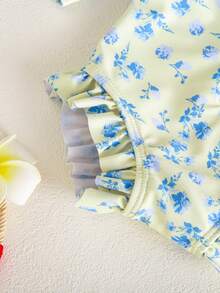 SHEIN Newborn Small Floral Print One-Piece Swimsuit - Mustard Yellow - View 4