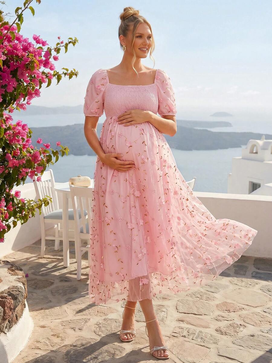 Loomaby Vestido elegante de maternidad con cuello cuadrado, decoración de flor 3D y manga corta