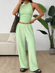 SHEIN EZwear 女士纹理短款褶皱吊带上衣和休闲裤套装 - 薄荷綠 - 查看 3