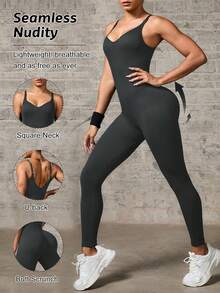 Easithlete Easithlete 女款無縫太空深灰色壓縮運動連身衣，無袖快乾瑜伽連身衣，圓領露背設計，健身運動服 - 灰色 - 查看 2