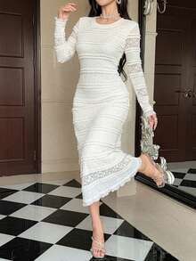 DAZY Spring/Summer Women's Elegant Lace Solid Color Mid-Length Dress Sundress - White - View 6