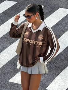 Muchica 女款秋冬休閒拼色長袖 Polo 衫，配拼色棕色領口與條紋袖子，美式學院風 T 恤，適合日常通勤、約會、聚會，適用秋冬夏季、聖誕節、新年、感恩節、派對、婚禮、海灘、畢業典禮，時尚優雅休閒外出穿搭 - 彩色 - 查看 7