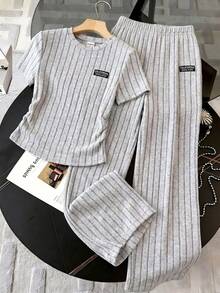 青少年女孩 T-shirt 套裝，休閒時尚舒適圓領刷毛寬螺紋短袖上衣搭配長褲，適合春夏旅行度假通勤 - 灰色 - 查看 5