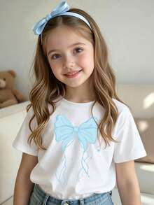 Elladie kids Haine de primăvară și vară, primăvară, vară, toamnă, pentru fete mici, casual, fashion, creative, personalizate, răcoritoare, proaspete, minimaliste, drăguțe, kawaii, cu desen animat, fund albastru, model cu inimă, imprimat, stil casual, tricou scurt basic, confortabil pentru purtare zilnică, stiluri primăvăratece, de vară și toamnă, potrivite pentru ținute de primăvară, vară și toamnă pentru fete, topuri - alb - Vizualizare 3