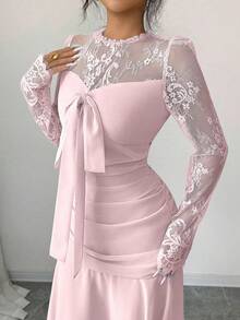Modelyn Vestido largo con diseño francés, patchwork de encaje y lazo para mujer - Rosa - Ver 6