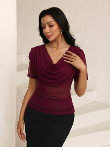 Modelyn Wine Red Mesh Ruffle Neck Pleated Elegant Fashionable Summer Short Sleeve T-Shirt - Burgundy - View 5