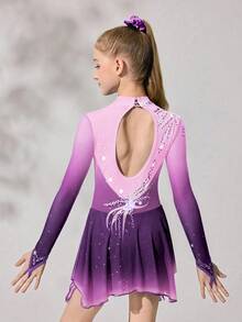 Tween Girls Purple Sequin Floral Dance Dress, High Stretch Fitted Design Sparkling Crystal Print, Smooth Flowing Mesh Skirt, Autumn Winter Athletic - Purple - View 3