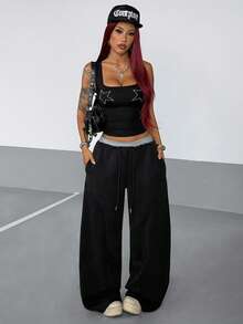 StreetHx Top de tirantes ajustado con cuello en U y decoración de tachuelas estilo europeo & americano - Negro - Ver 5