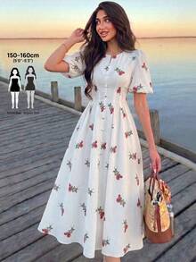 Modelyn Petite Women's Apricot Woven Digital Printed Cinched Waist A-Line Dress, Elegant & Romantic, Summer Dresses Summer Holiday Outfits  Floral Dress - Multicolor - View 1