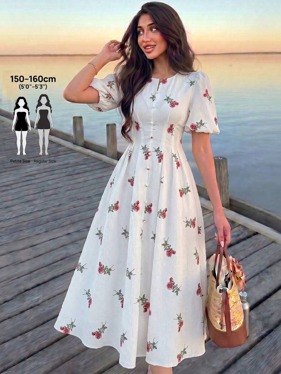 Modelyn Petite Women's Apricot Woven Digital Printed Cinched Waist A-Line Dress, Elegant & Romantic, Summer Dresses Summer Holiday Outfits  Floral Dress - Multicolor - View 1