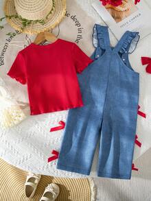SHEIN Vintaside Kids 2件套女童休闲可爱纯色短袖上衣和花卉刺绣背带裤套装，适合春夏日常穿着 - 紅白色 - 查看 2