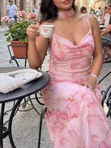 GalTyme Plus Size Women's Vacation Marble Print Ruffle Neck Elegant Draped Neck Dress Evening Tea Party Light Pink Summer - Multicolor - View 5