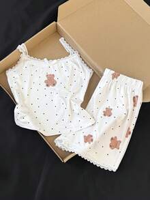 SHEIN Dozemod Kids Tween Girl Simple Floral Pattern Ribbon Bow Lace Trim Camisole Top And Shorts Black And White Polka Dot Slim Fit Pajama Set 2pcs Sleeping - White - View 4