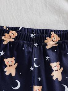 Conjunto de pijama ajustado para niños, camiseta de manga corta y pantalones cortos, estampado lindo de estrella, luna y oso, tela cómoda, adecuado para el uso diario en casa y ropa de dormir para niños - Azul Marino - Ver 7