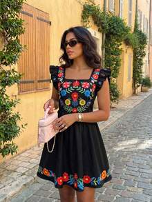 SHEIN Clasi Women's Square Neck Short Dress Fashion Faux Embroidery Printed Ruffle Hem Design Summer Daily Commute Travel Vacation Black Floral Old Money - Black - View 4