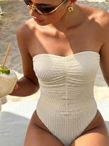 Swim Chiccia Women's Solid Color Bandeau Ruched One-Piece Swimsuit Beach Summer Outfit - Apricot - View 2