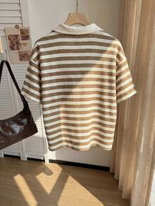 Comfortcana Striped Pattern Polo Collar Plus Size Short Sleeve T-Shirt Suitable For Summer Wear - Brown - View 8
