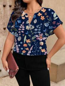 EMERY ROSE 大码女式休闲度假宽松上衣/衬衫，简约设计，花卉图案，复古时尚图案上衣，休闲衬衫。 - 彩色 - 查看 4