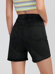 SHEIN EZwear 女款高腰口袋休閒百搭牛仔短褲 - 黑色 - 查看 2