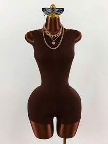Amplova Women's Solid Color Round Neck Casual Tank Top Style Fitted Romper - Brown - View 5